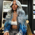 Grey blue gradient colour human hair lace front wig with 4x4 hand-tied lace, shown in ruili style.