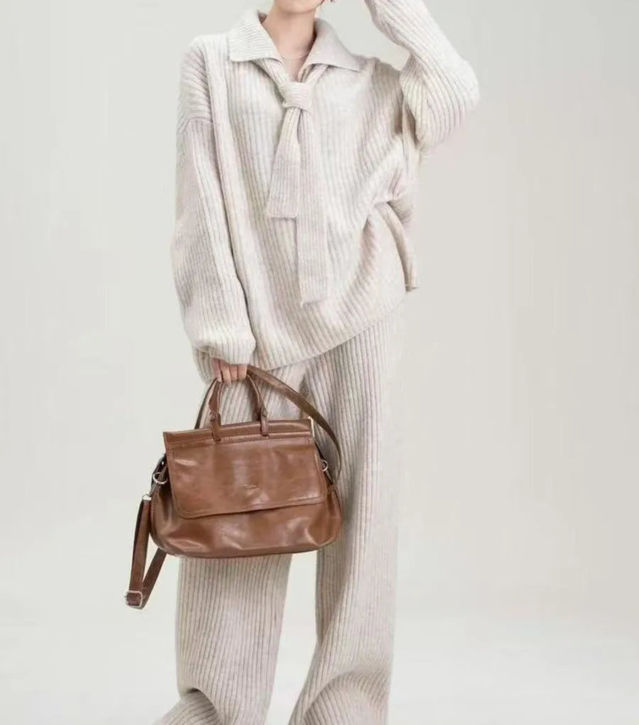 Women's knitted sweater suit two-piece set with top and trousers in neutral colours