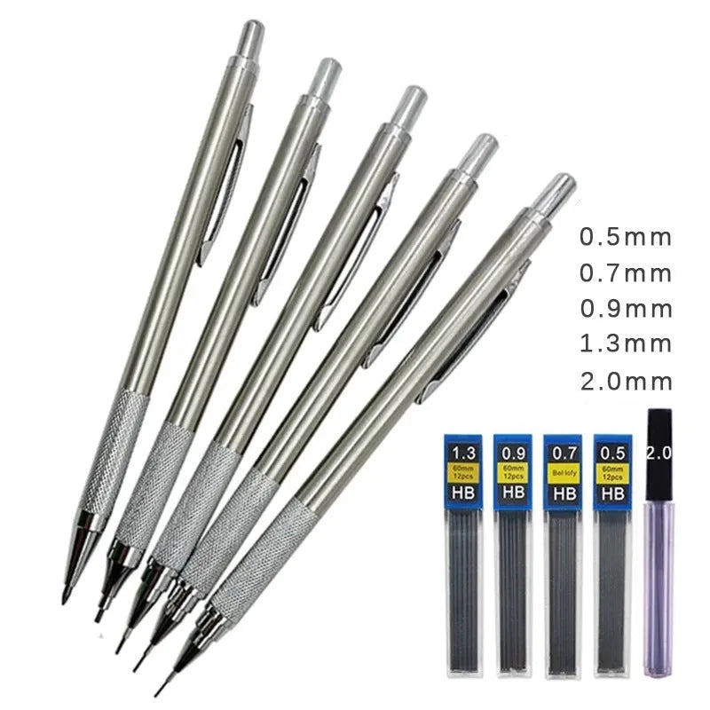 Metal automatic mechanical pencil showing barrel detail and lead size options from 0.5mm to 2.0mm
