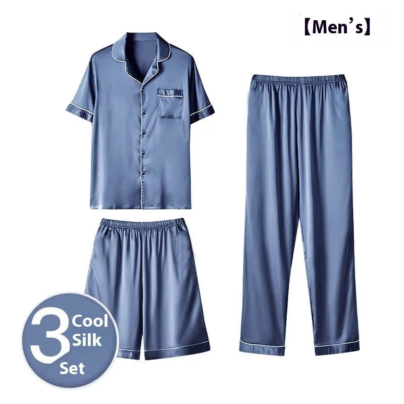 Men's ice silk three-piece homewear set in a choice of colours, showing top, shorts, and trousers.