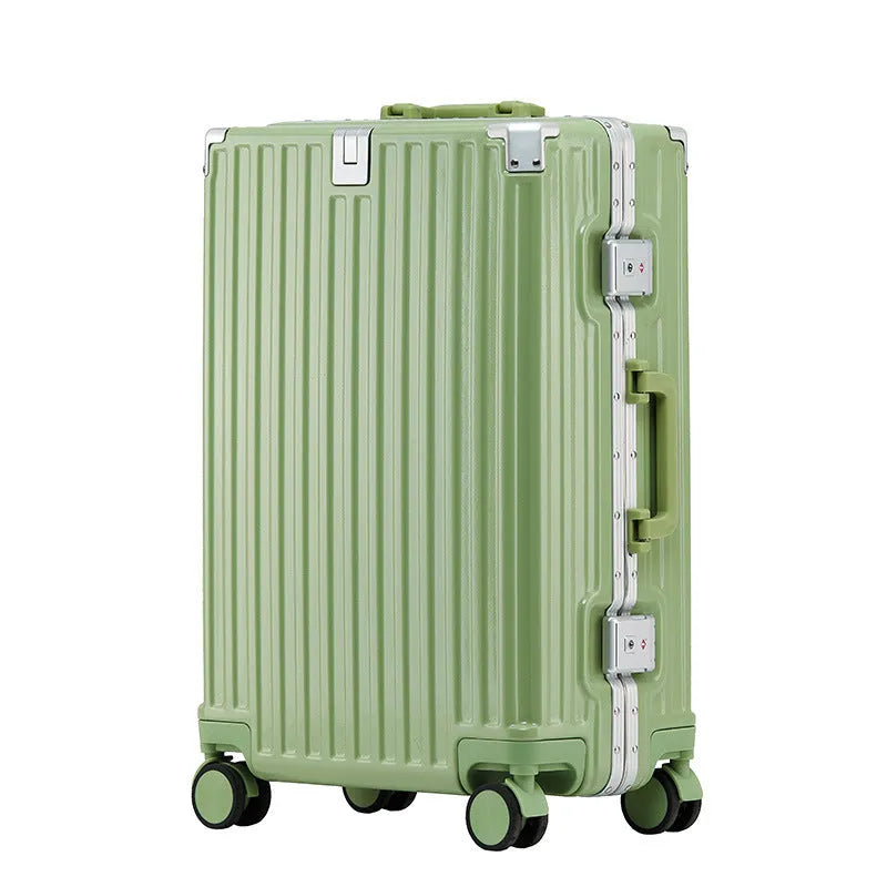 Aluminium frame ABS PC trolley case in avocado green with universal wheels and a USB port.