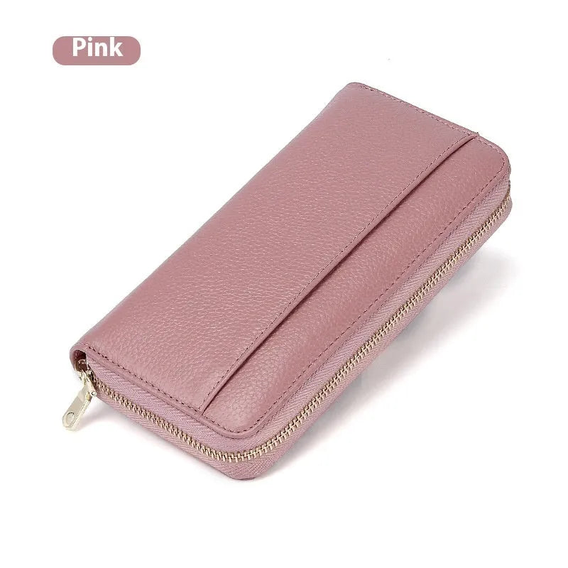 Women's genuine leather long bi-fold wallet in six colour options showing large capacity design