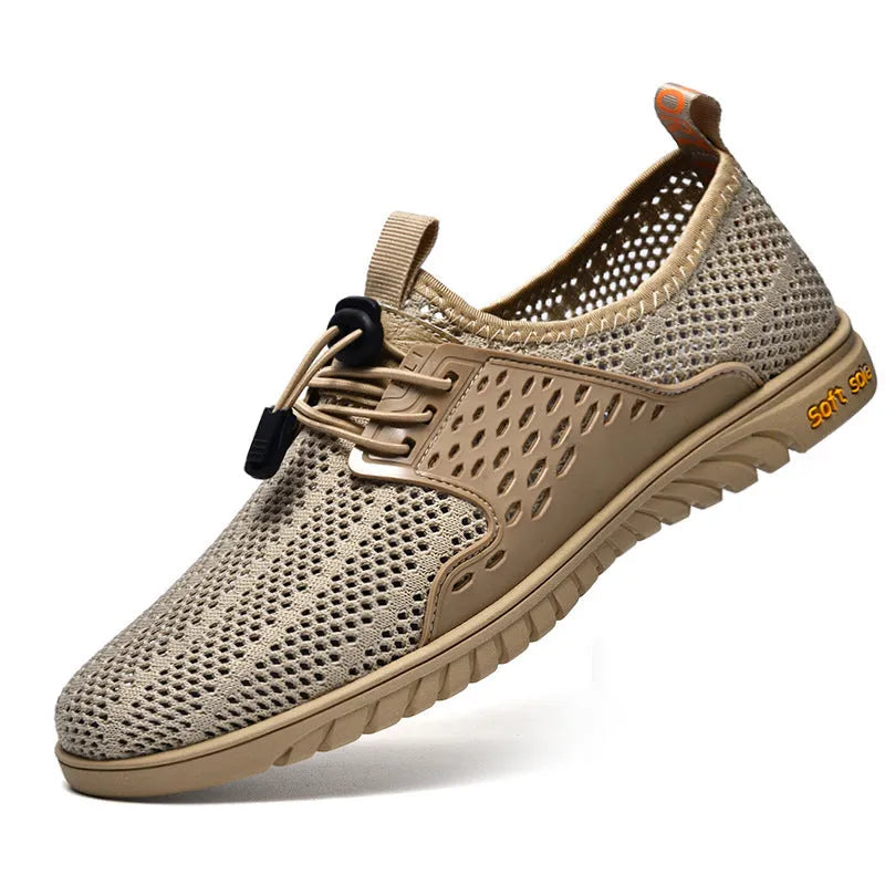 Men's breathable mesh casual shoes in sand colour with elastic band and rubber sole.