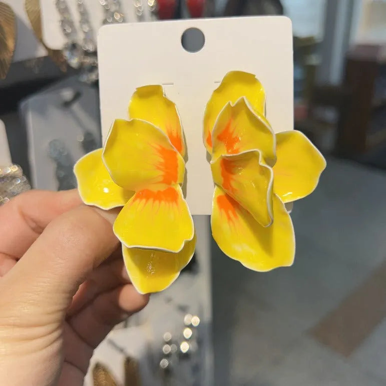 Pastoral style alloy earrings with oil-spot glaze floral designs in four colour options