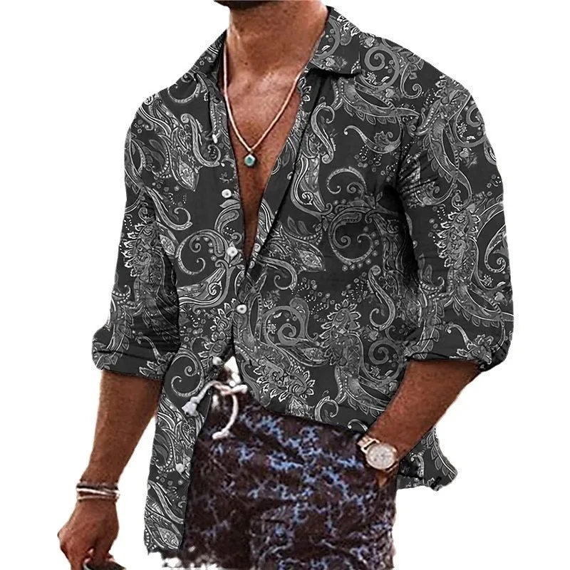 Men's loose fit long sleeve shirt with a colourful 3D floral pattern print.