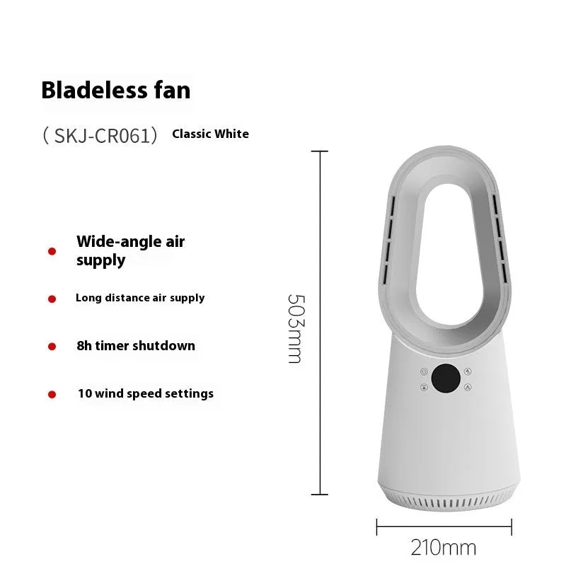 White bladeless tower fan with touch screen controls and remote control