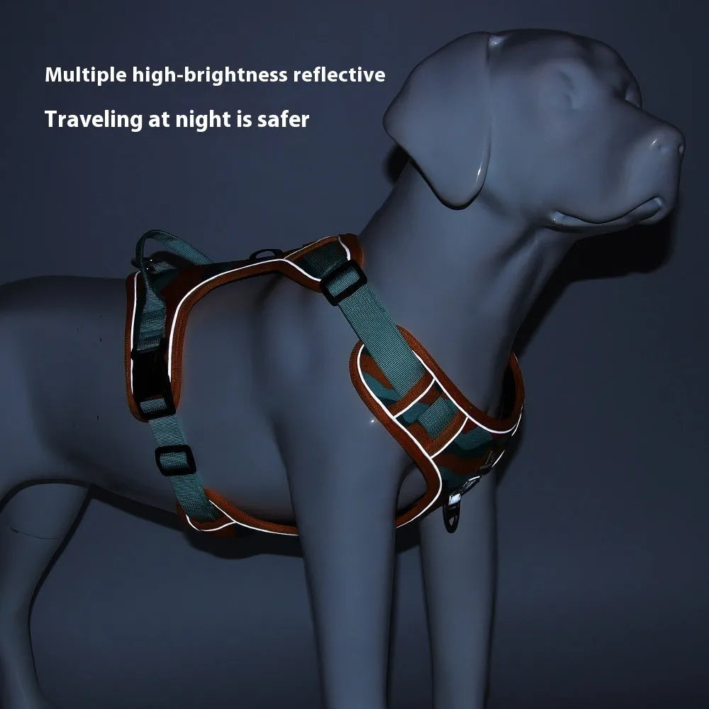 Reflective dog harness with hand-holding rope in oxford cloth fabric showing army green colour option