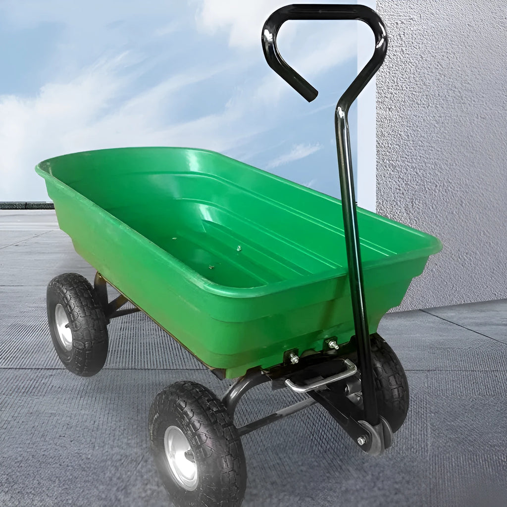 Green four-wheel plastic dumptruck with tipping bed, model TC2145.
