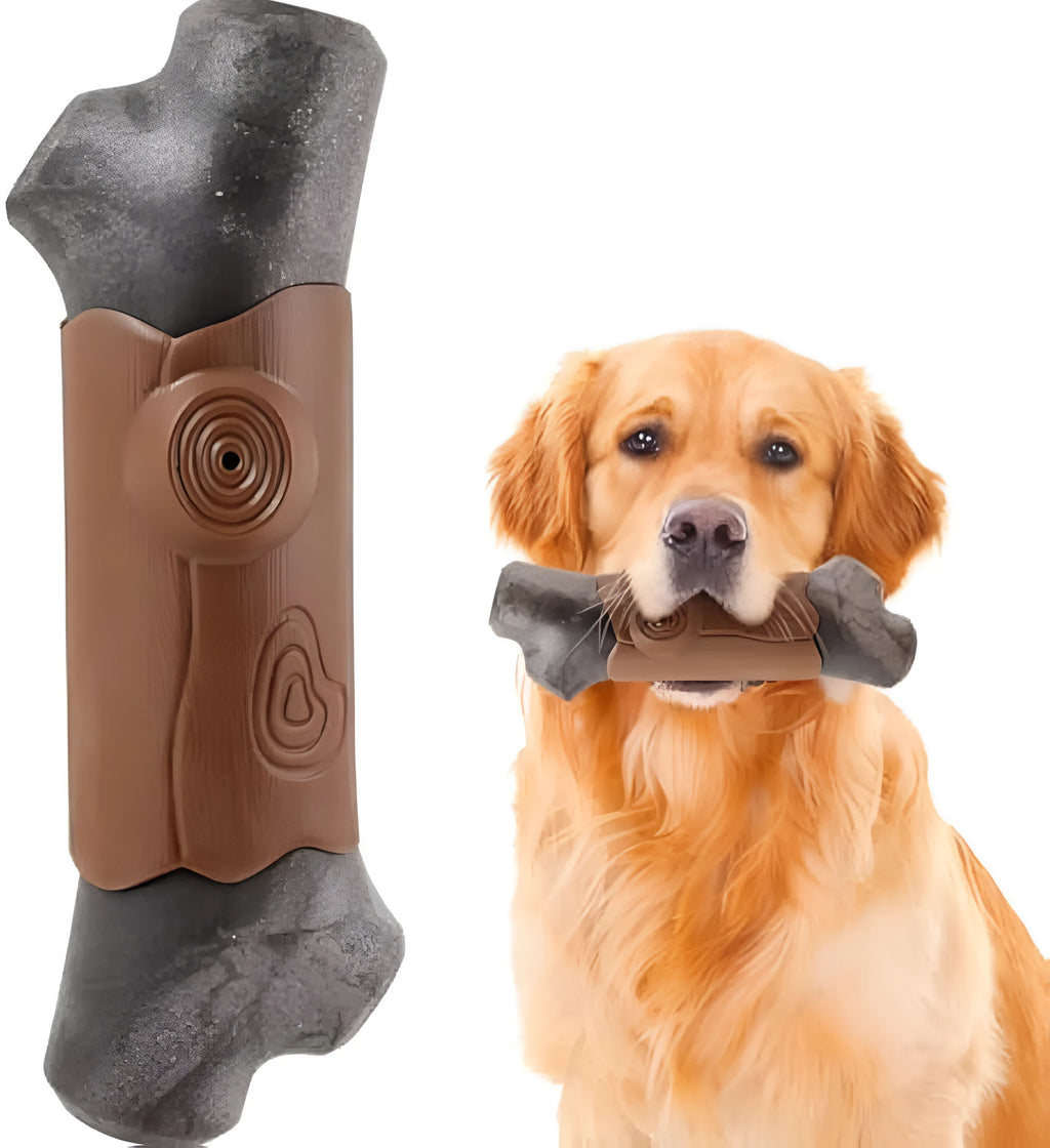 Branch-shaped durable nylon dog chew toy for large dogs with a squeaker and bacon flavour