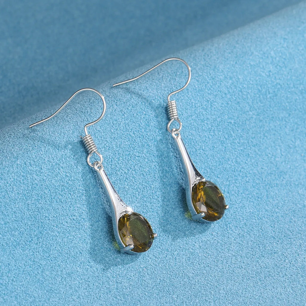 Olive green topaz earrings with water drop shape, electroplated alloy construction