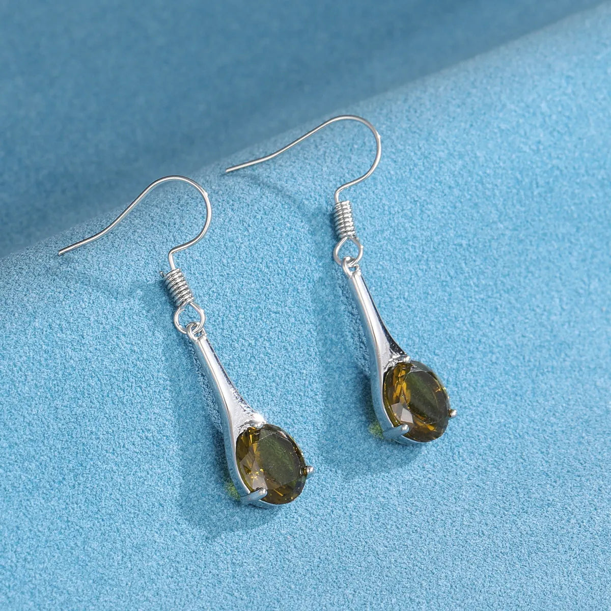 Olive green topaz earrings with water drop shape, electroplated alloy construction