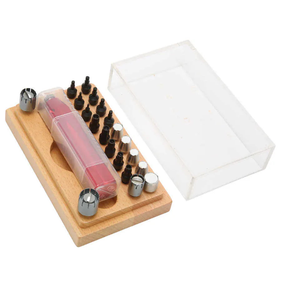 20-piece steel watch repair tool kit with extracting and opening tubes on a work surface.