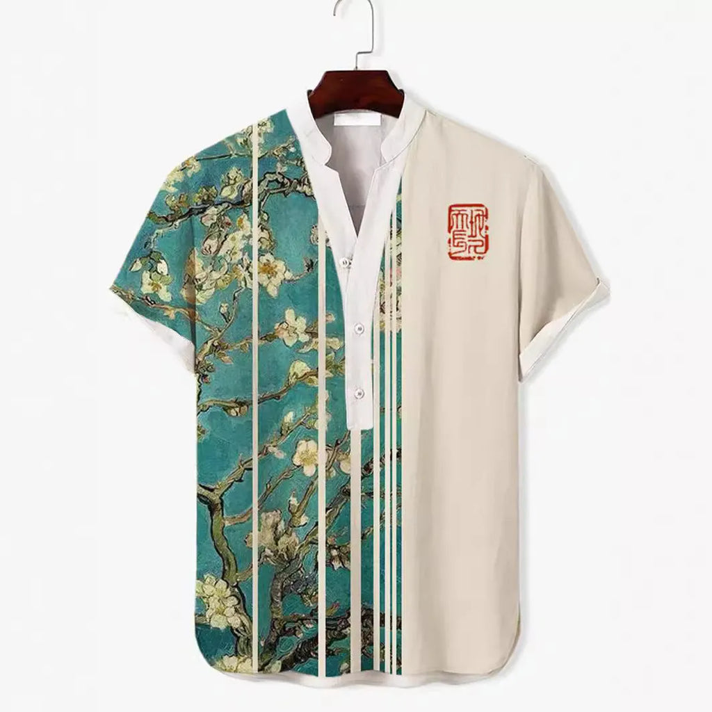 Man wearing a short sleeve shirt with a colourful 3D digital animal print design on the front.