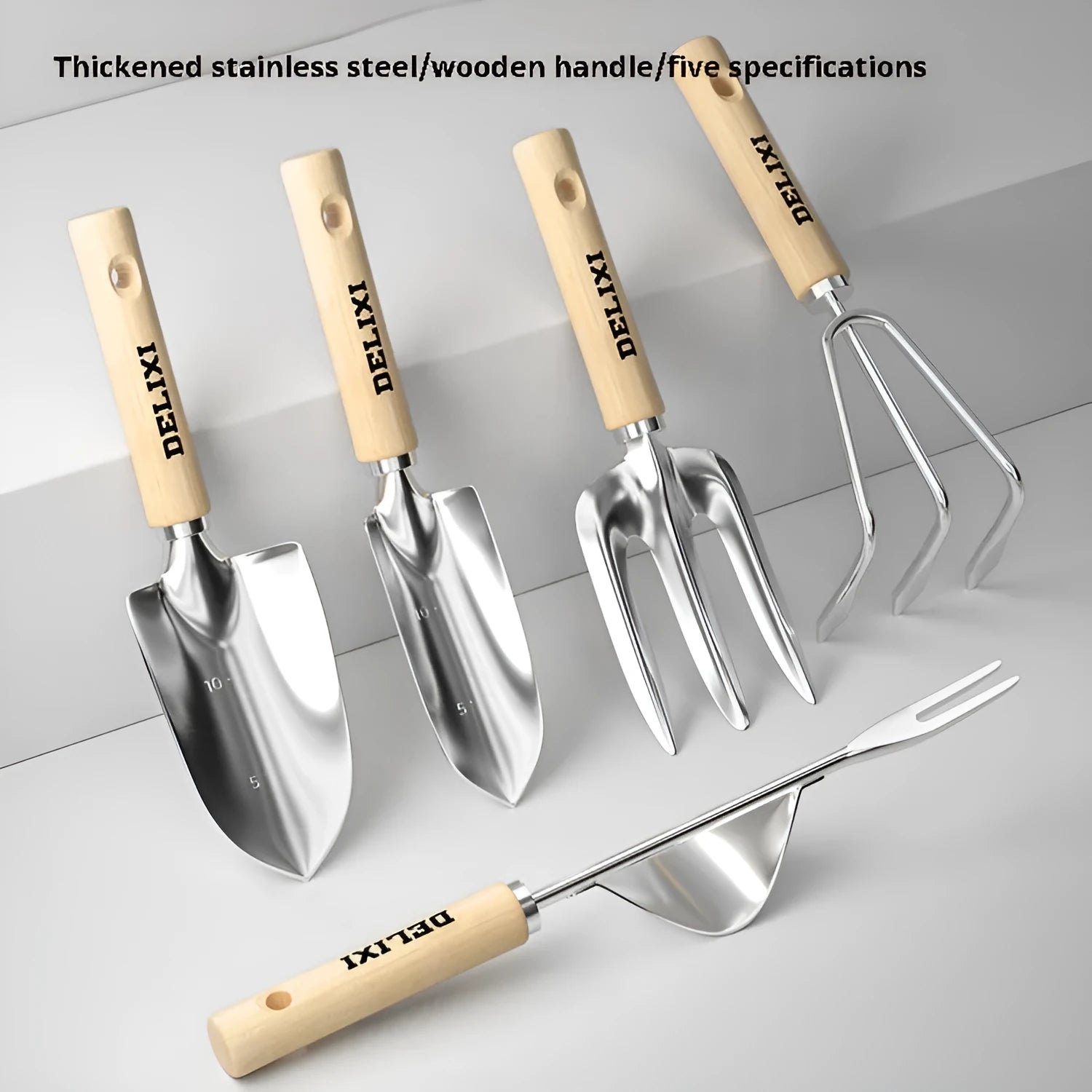 Gardening tool set with stainless steel shovels and rake, solid wood handles
