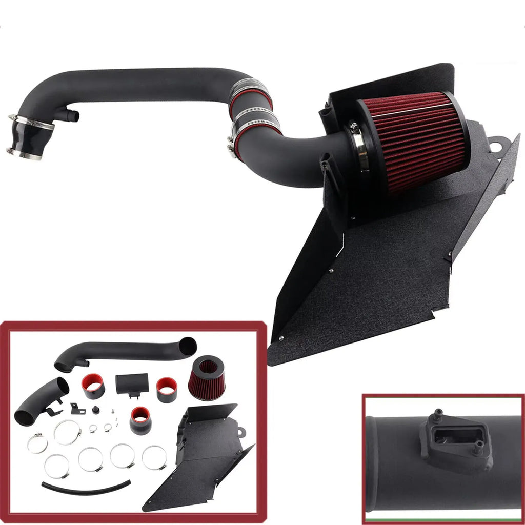 Car modification intake assembly with black duct and red air filter for Volkswagen EA888 GEN2 and EA113 engines