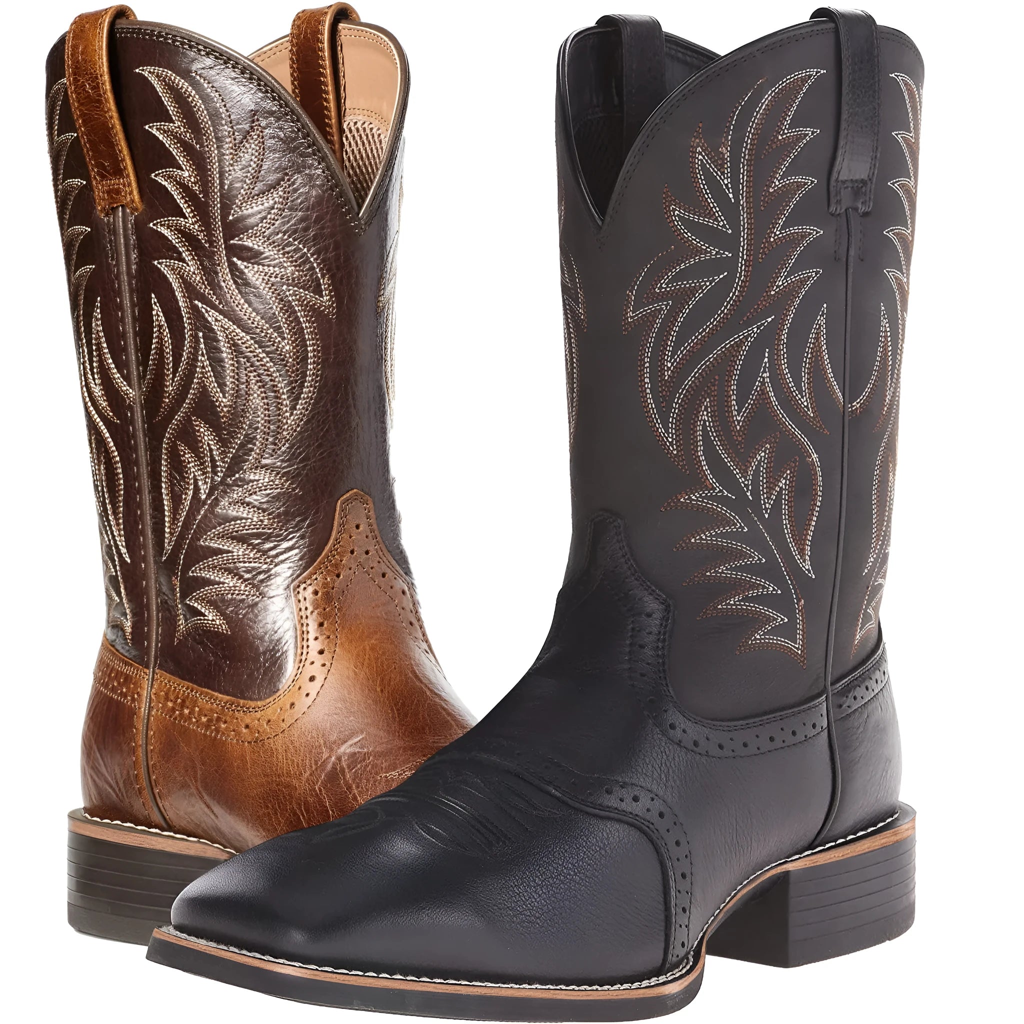 Men's black embroidered cowboy boots with square toe and horseshoe heel on a plain background.