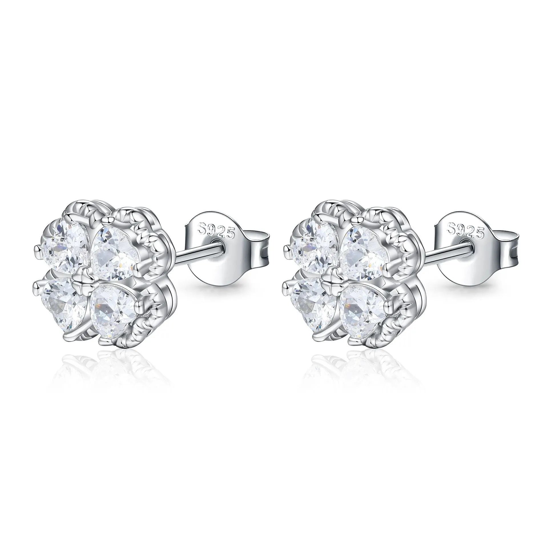 Zeng Yin white gold colour heart-shaped earrings with four-leaf clover design and zircon stones