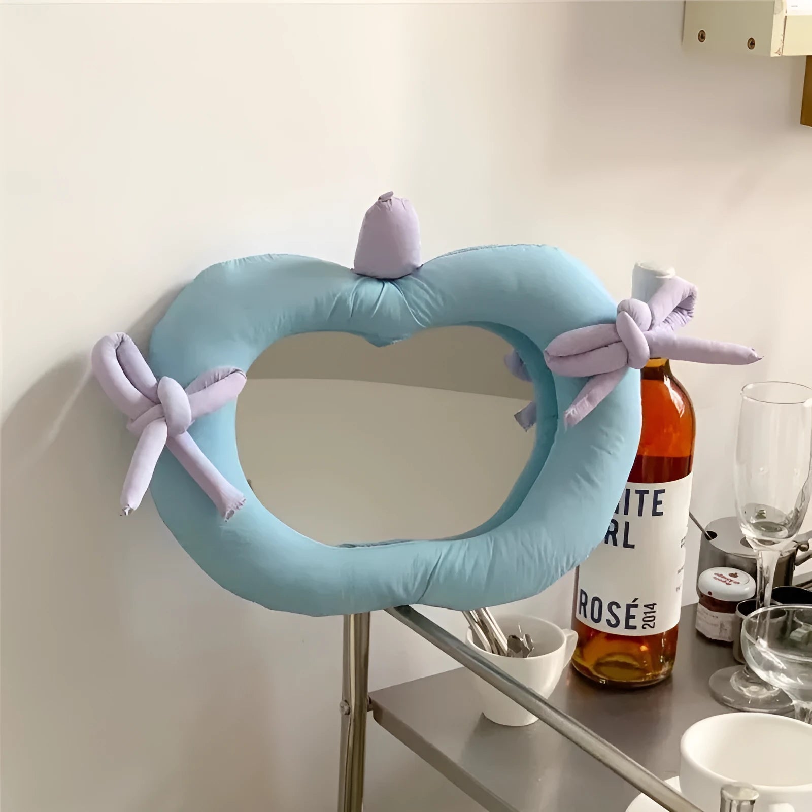 Korean-style decorative mirror with cotton-filled fabric border in apple colour option