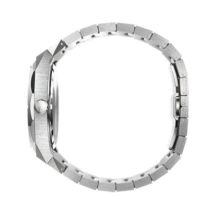 Men's stainless steel watch with a 42mm dial, butterfly buckle, shown in four colour options.
