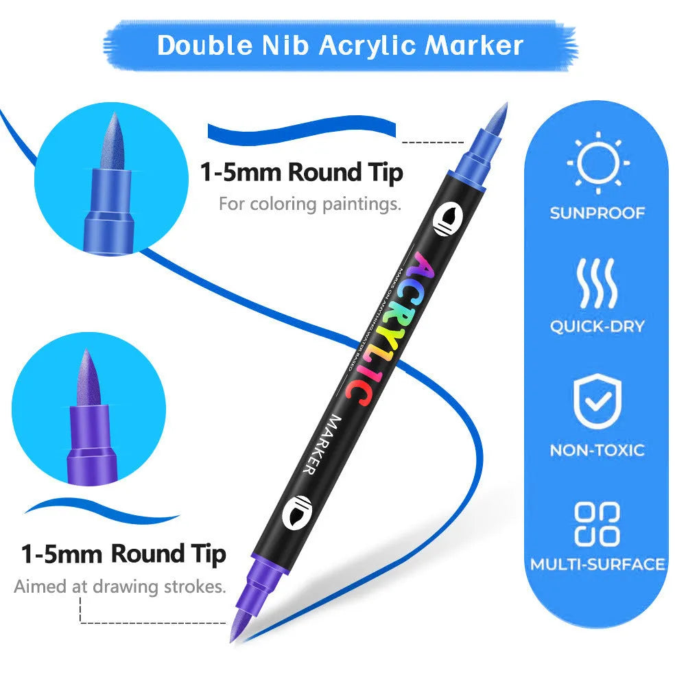 Set of double-ended acrylic marker pens with washable opaque ink, showing various colours.