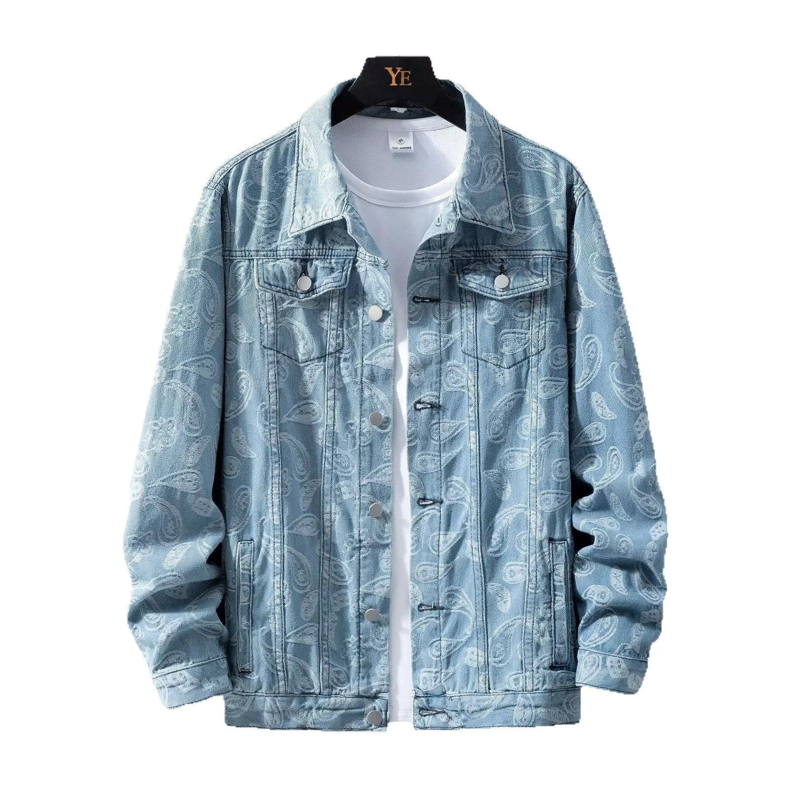 Men's slim fit cotton denim jacket with patch pockets in dark blue
