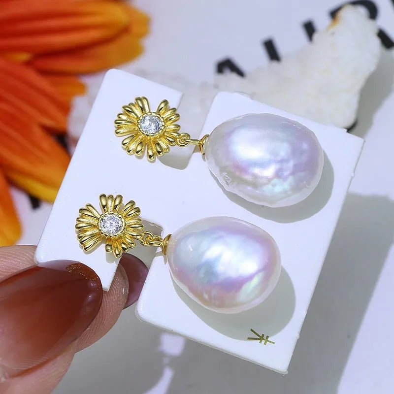 S925 sterling silver baroque flower earrings with adjustable ring holder in silver or gold colour