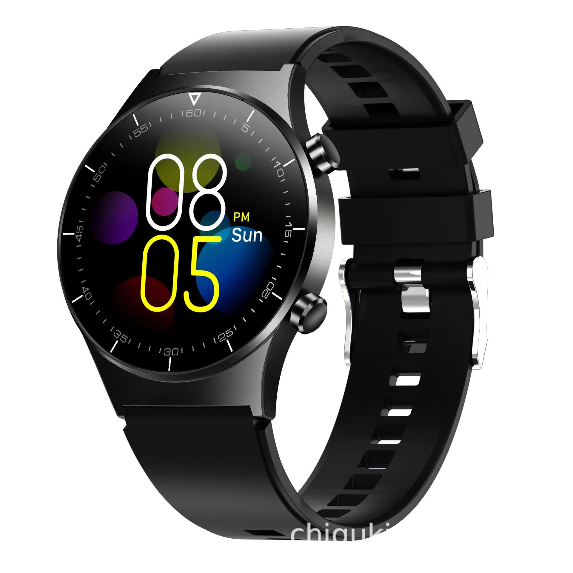 Black smart watch with TPU sports bracelet showing heart rate monitoring on 1.28-inch glass screen