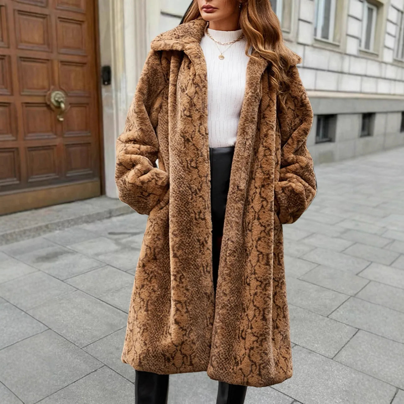 Women's long white leopard print faux fur coat with over-the-knee length