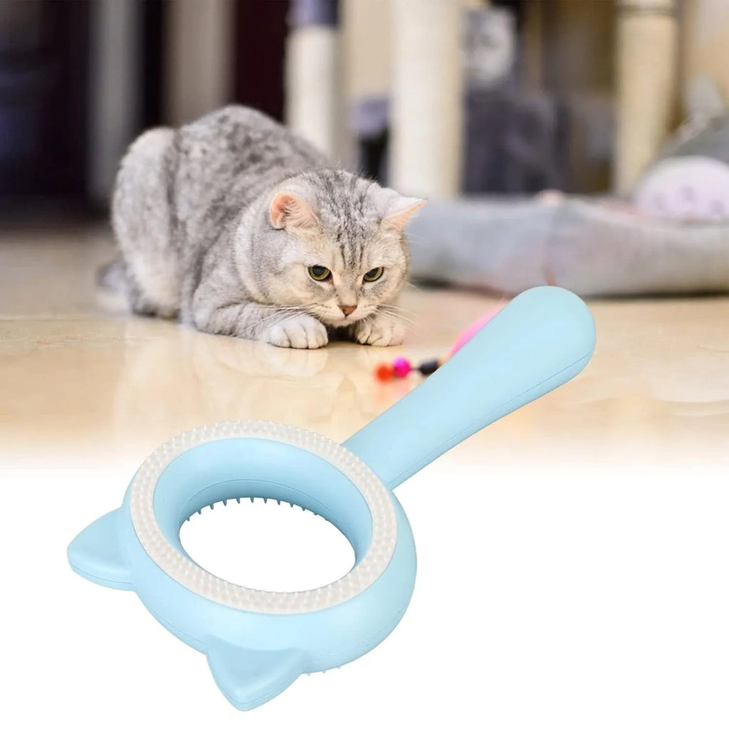 Double-sided pet grooming brush with blue handle, deshedding comb and massage bristles for cats and dogs