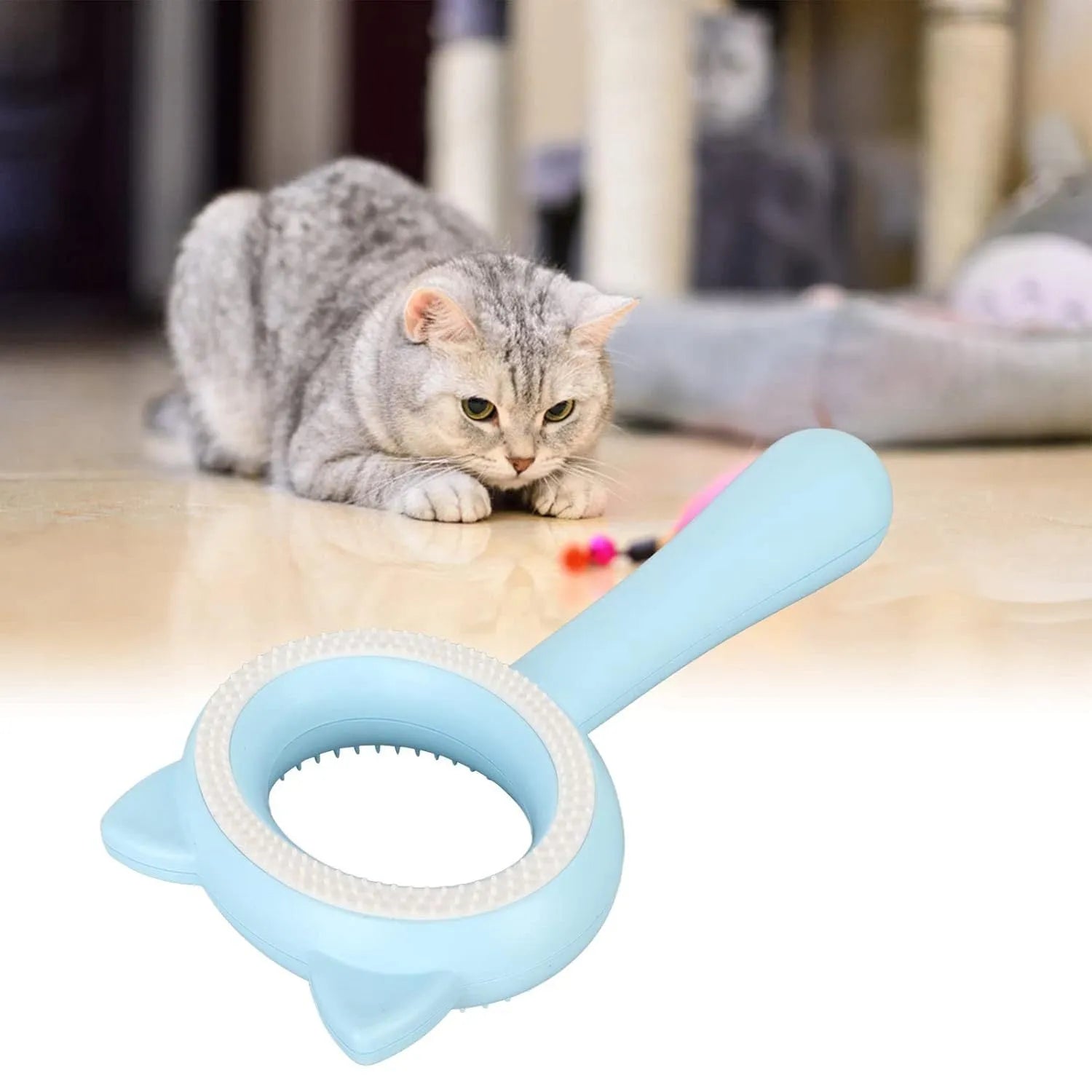 Double-sided pet grooming brush with blue handle, deshedding comb and massage bristles for cats and dogs