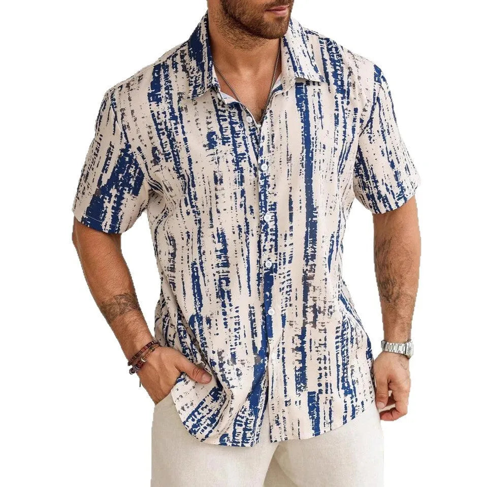 Men's short sleeve casual shirt with 3D printed stripe pattern in polyester fabric