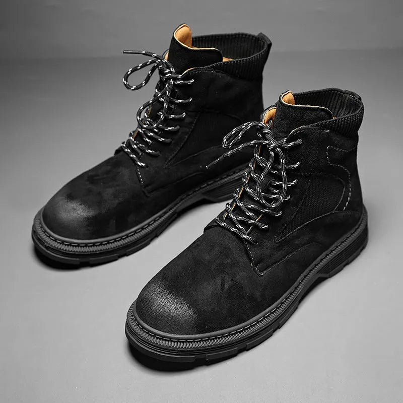Men's vintage Martin boots in black with a frosted microfiber leather upper and thick rubber sole.