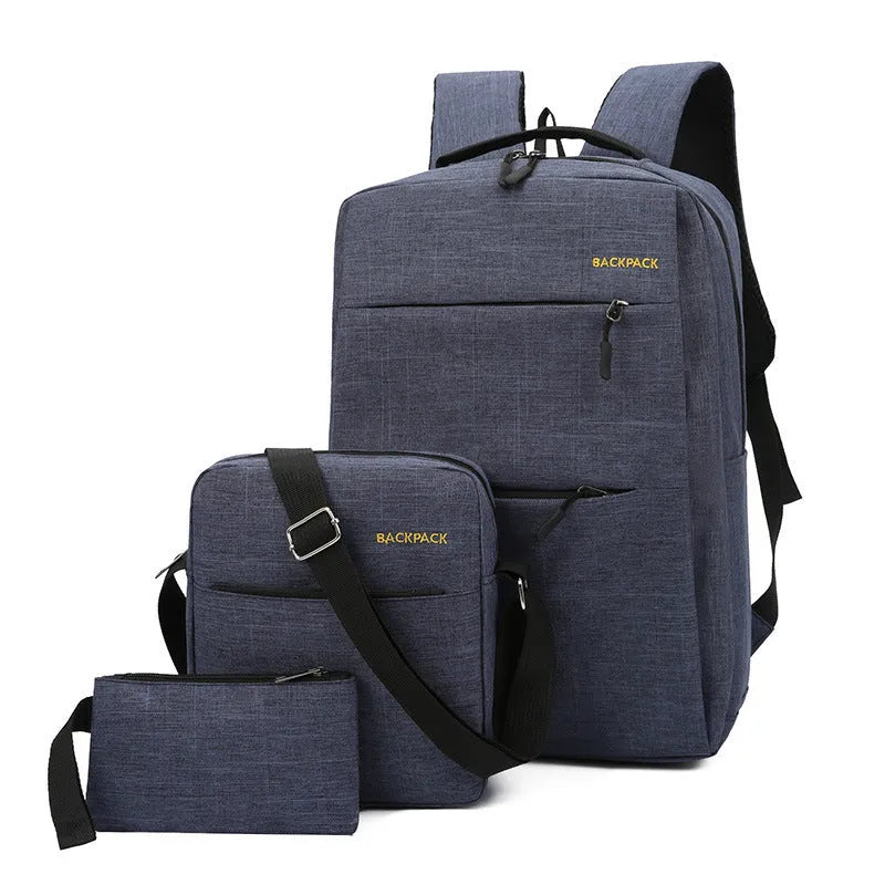 Men's USB charging computer bag set in black, grey, navy, and wine red colours