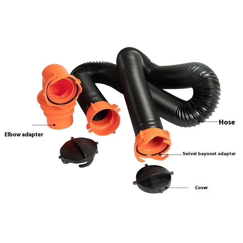 90-degree grey rotary elbow joint connector for a caravan sewage hose with extended polypropylene hose.