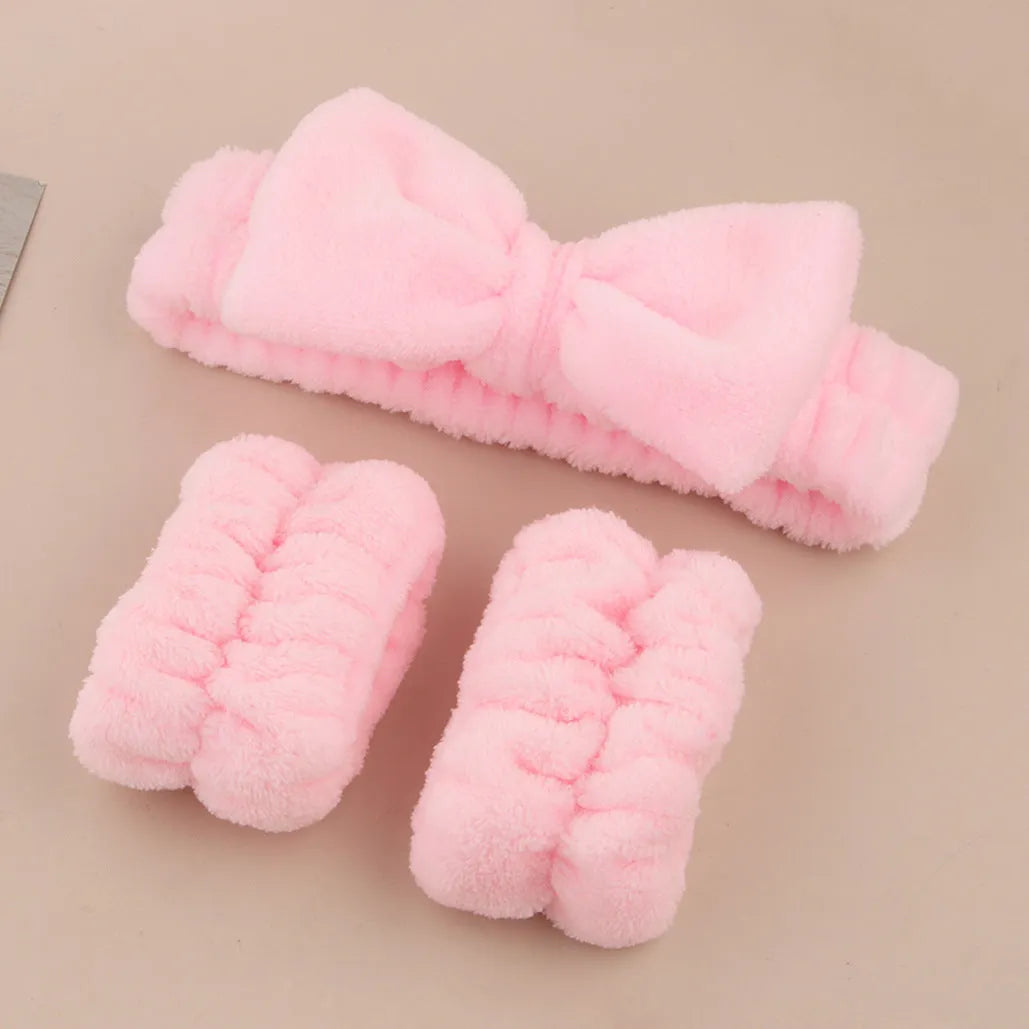 Facial brush set with coral fleece hair band, nylon bristle brush, and plastic toothbrush in purple, grey, white, or pink colours