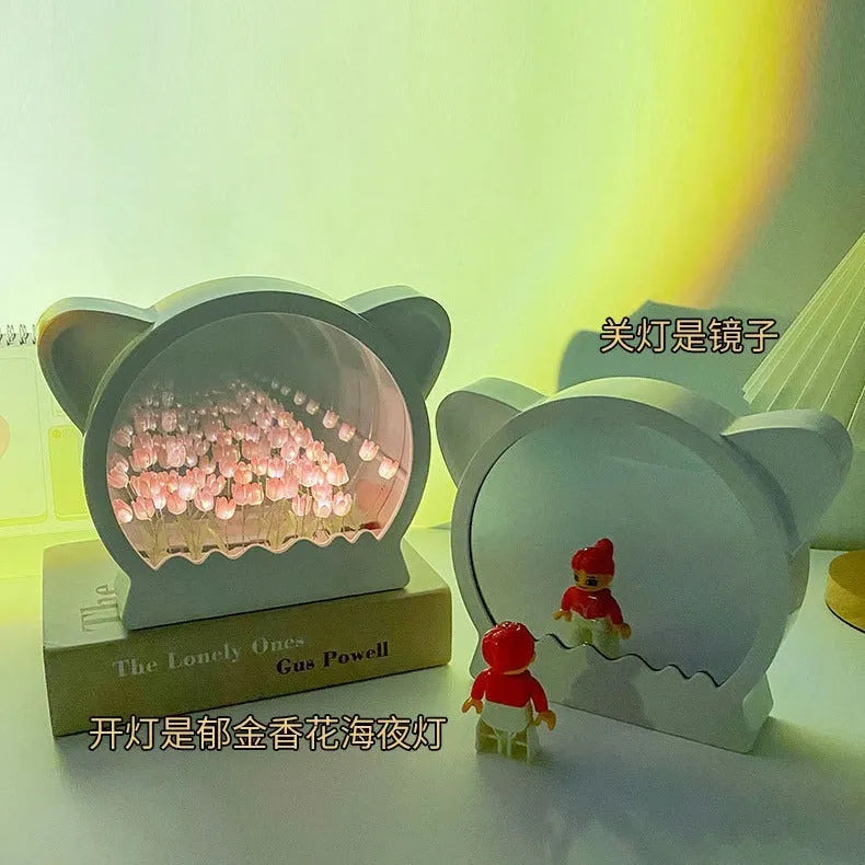 DIY handmade cat head tulip sea decorative night light lamp with colourful flowers