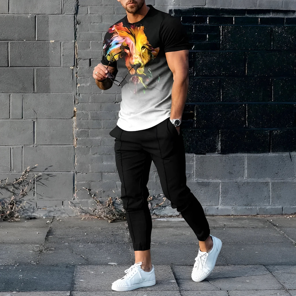 Men's short-sleeved printed pullover and matching trousers set on a neutral background