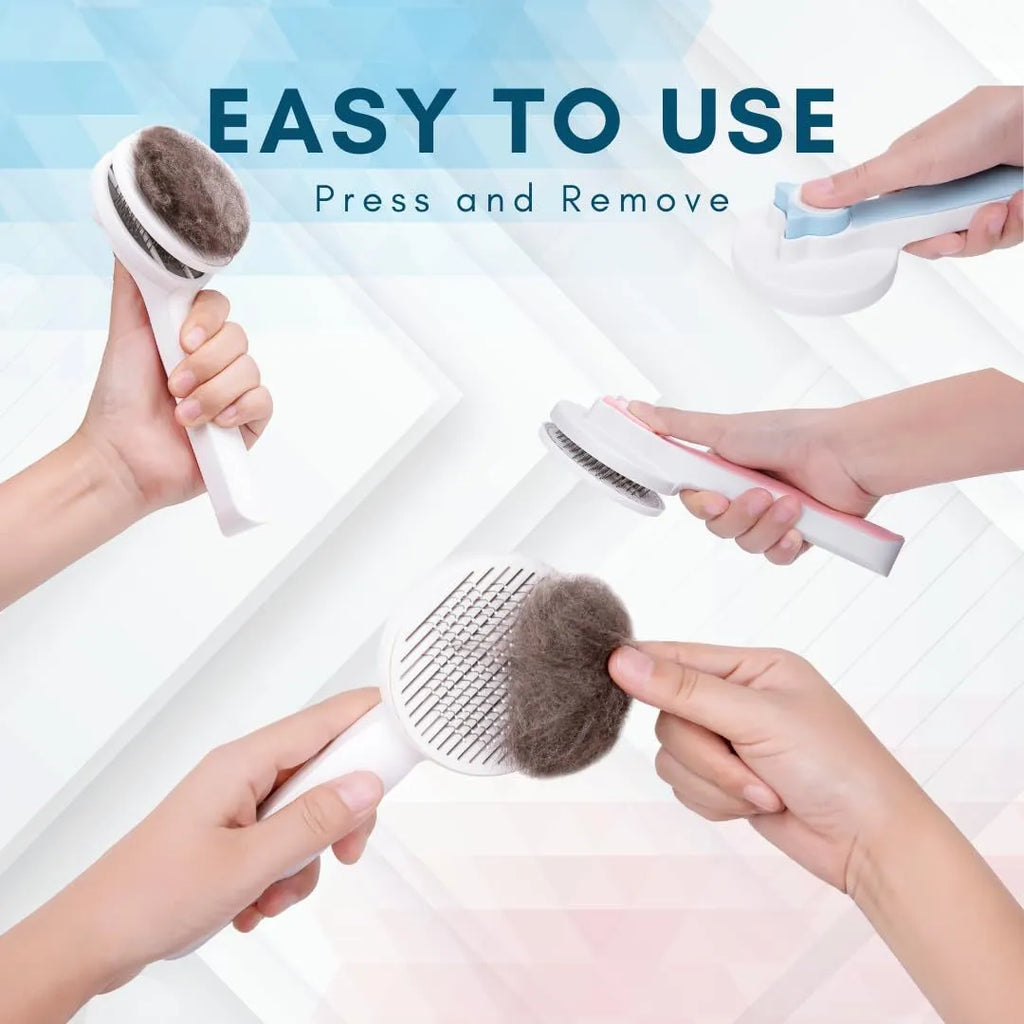 Blue self-cleaning pet slicker brush with ergonomic rubber handle on a grey background.