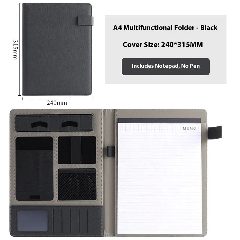 Black leather A4 business folder holding documents, with pen and notepad accessory options.
