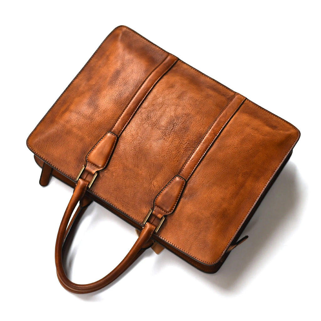 Men's 14-inch horizontal leather business handbag in khaki or black with zipper opening
