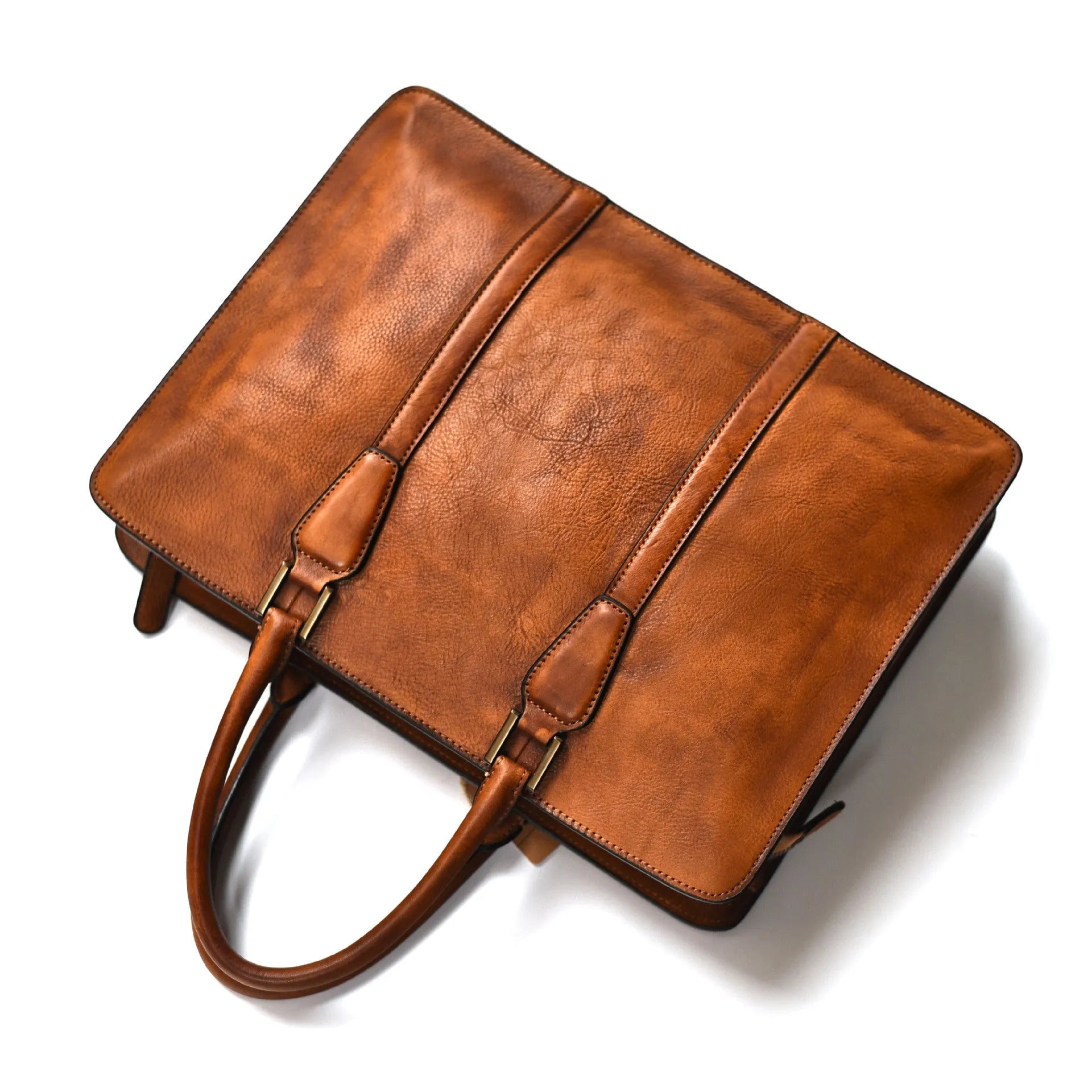 Men's 14-inch horizontal leather business handbag in khaki or black with zipper opening
