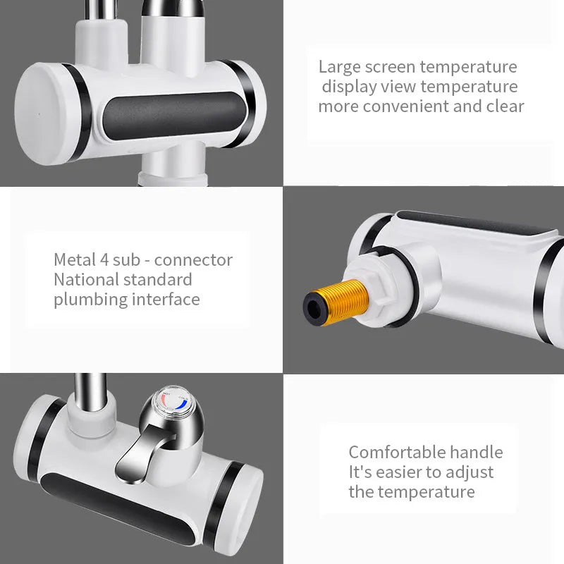 White electric instant water heater for kitchen taps with digital temperature display