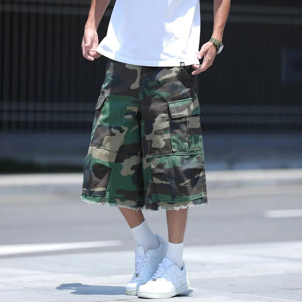 American-style retro workwear camouflage shorts with loose cropped fit in summer camouflage colours