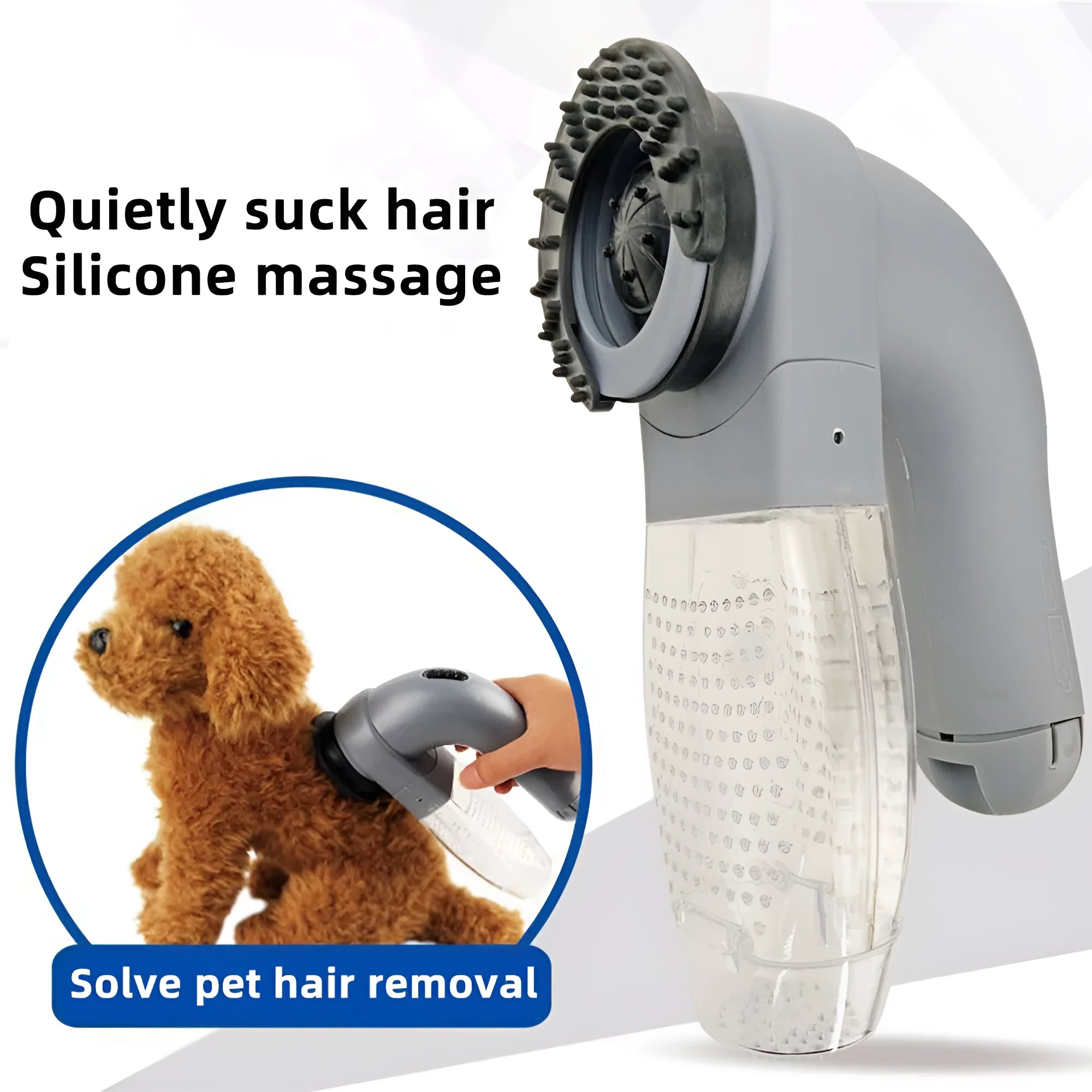 Grey portable pet hair remover vacuum cleaner with soft rubber head for grooming dogs and cats
