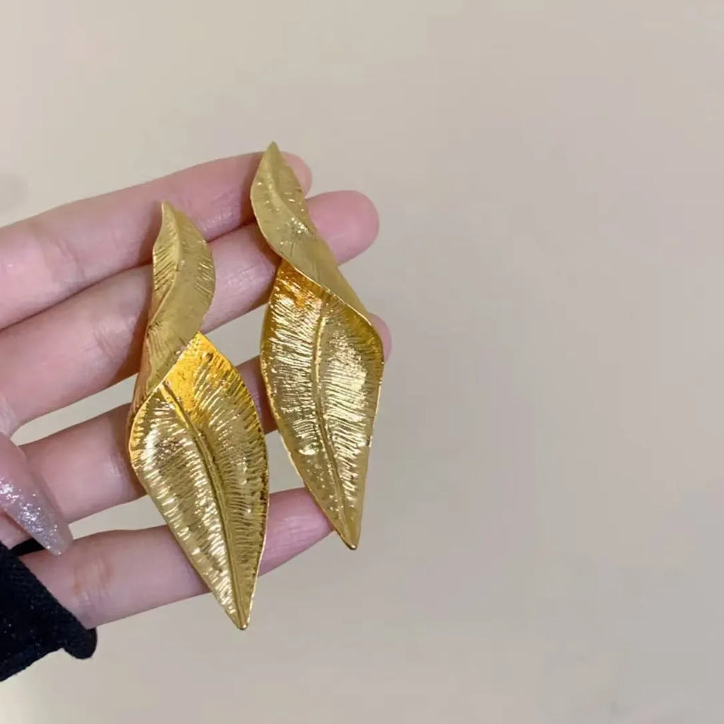 Pair of alloy vintage leaves earrings with retro finish sweet and cool style