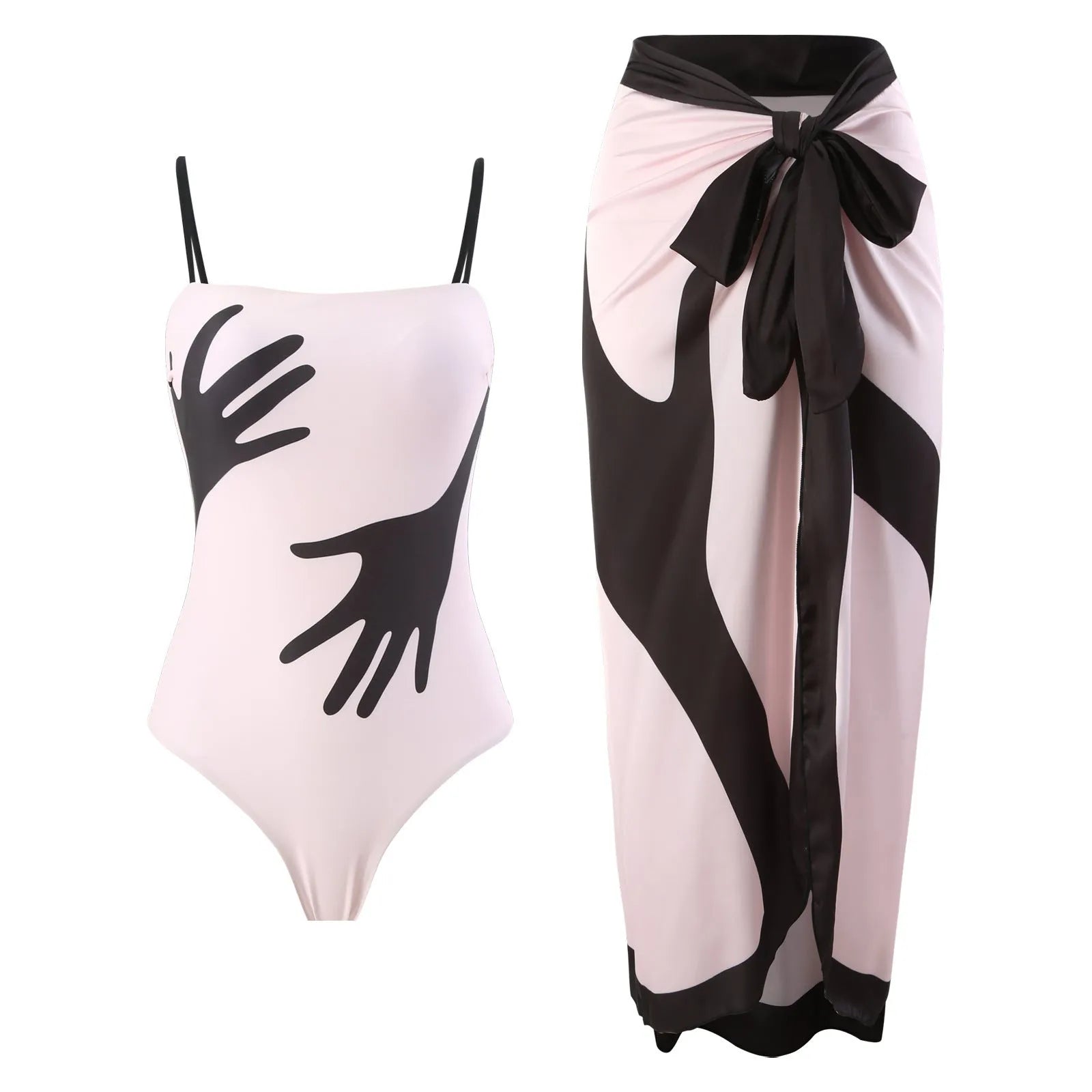 Women's patterned bikini top and bottoms with a matching light blue tulle skirt laid flat.
