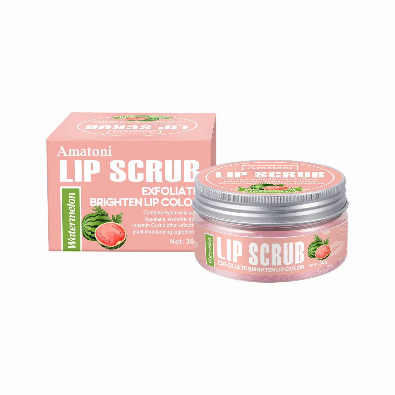 30g pot of Amatoni fruit flavour lip scrub cream for exfoliating and moisturising lip care.