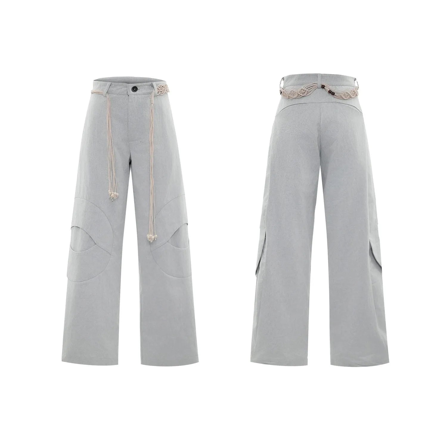 Men's dark blue straight-leg cotton jeans with 3D cutting, belt stitching, and decorative pocket tassels.