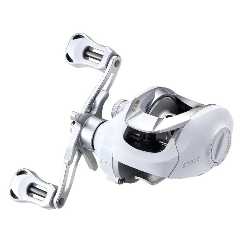 Small white micro bait casting fishing reel with drip wheel mechanism