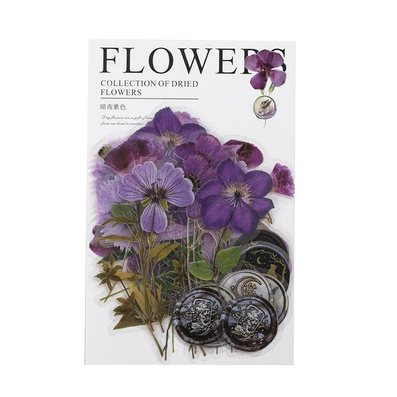 Set of dried flower journal decoration stickers in 8 styles including Dark Night Purple and rose nebula designs